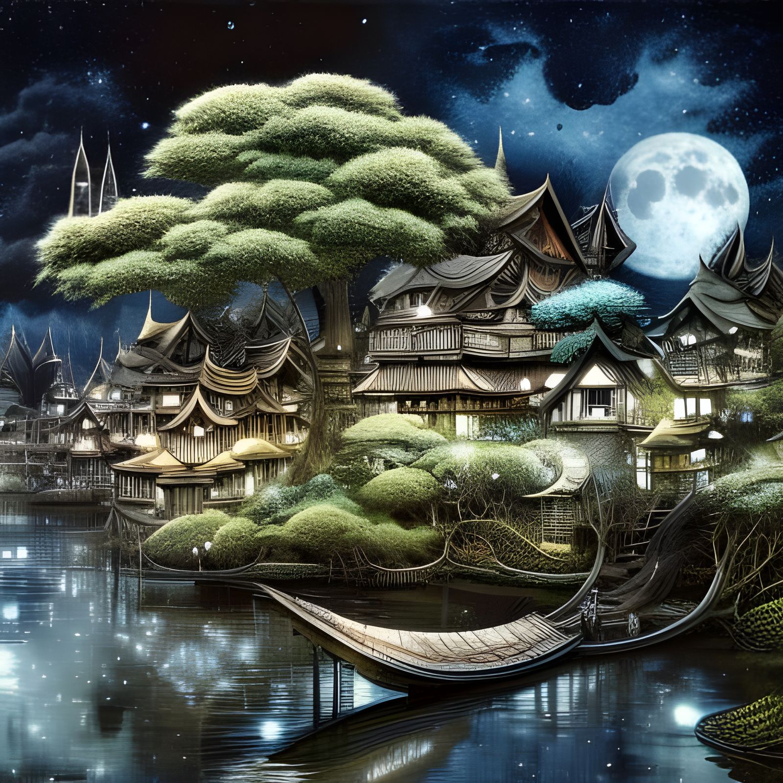 Moonlit Bonsai Village by the Riverside: Digital Illustratio...