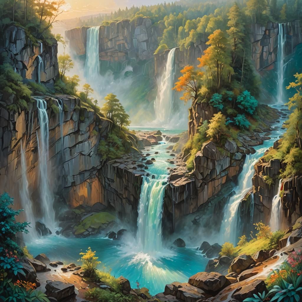 Enchanted Waterfall at Earth's Edge: Oil Painting