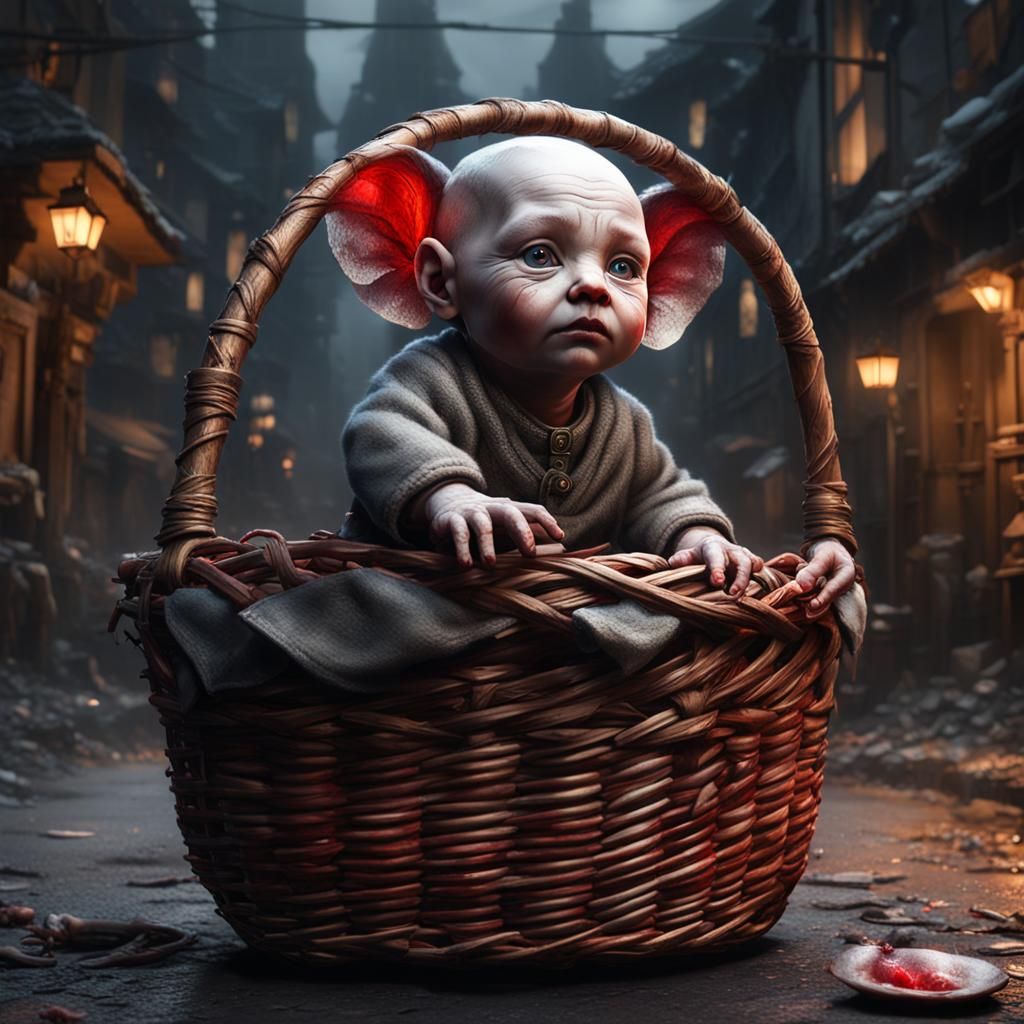 Pale Red-Eyed Baby with Tail: Dark Fantasy Art