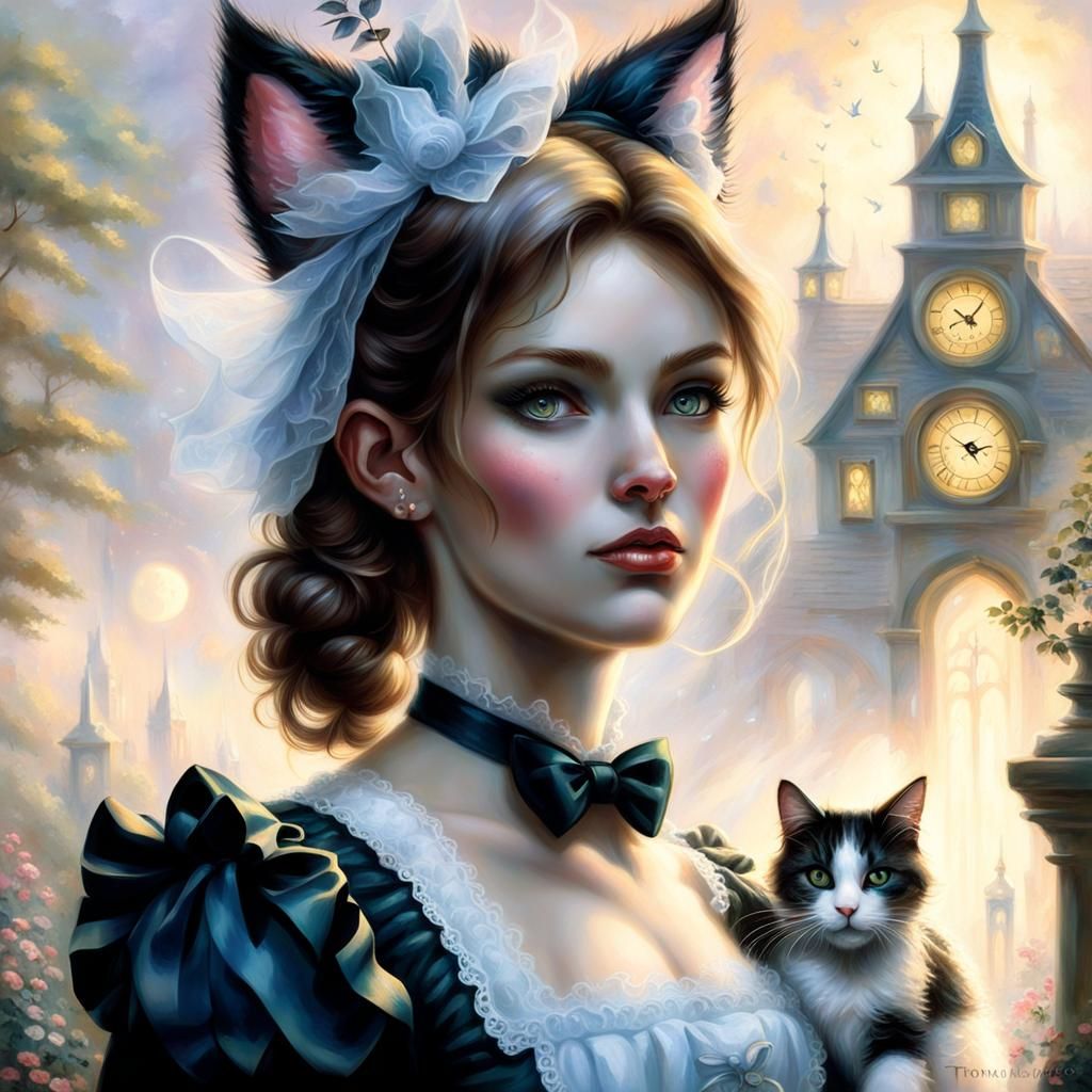Maid Girl with Cat Features in Ethereal Fantasy Style