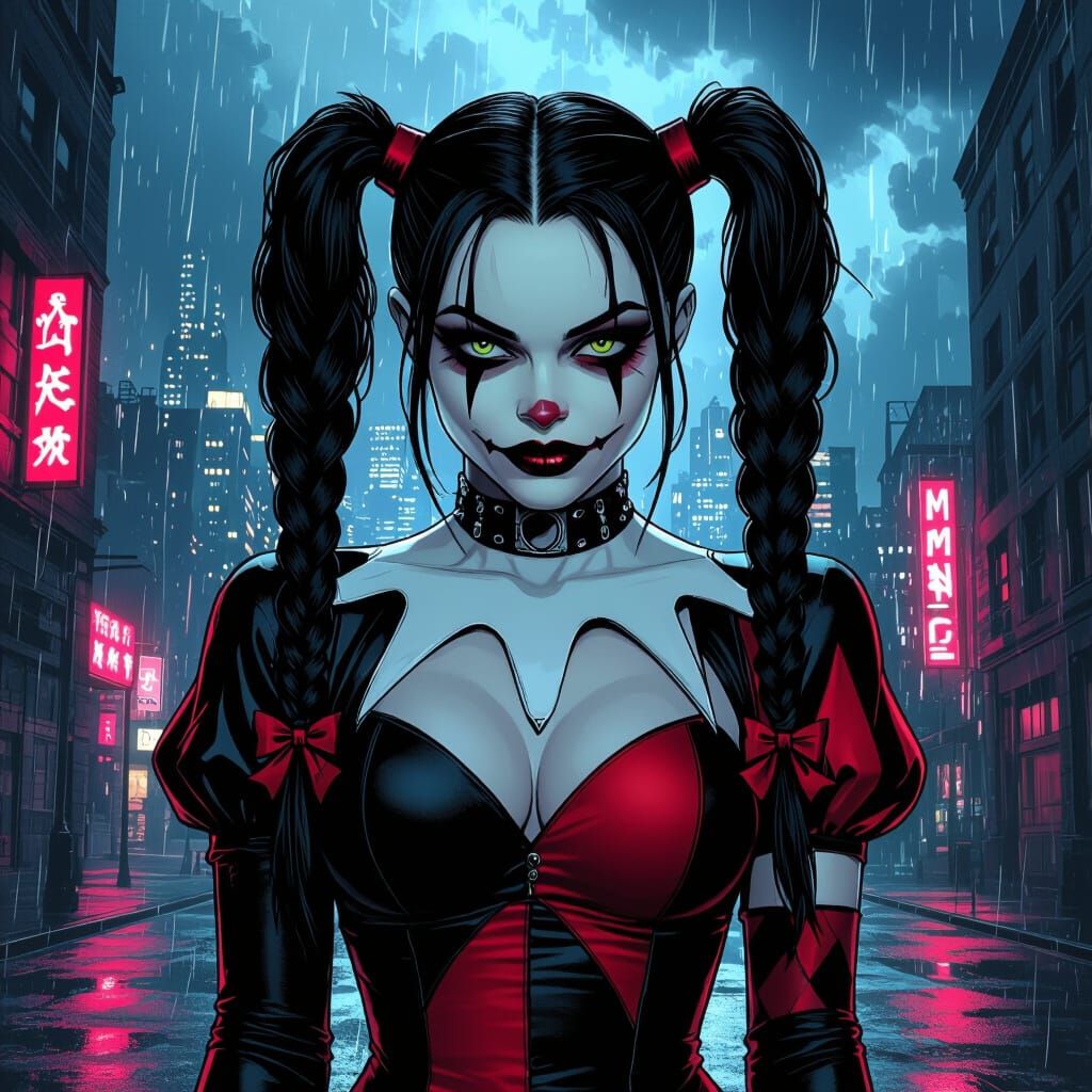 Gothic Harley Quinn in Stormy Neon Cityscape
