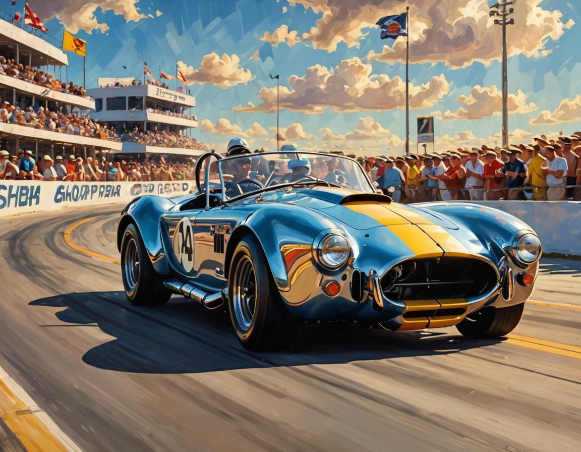 Shelby Cobra Races at Daytona in Retro Art Style