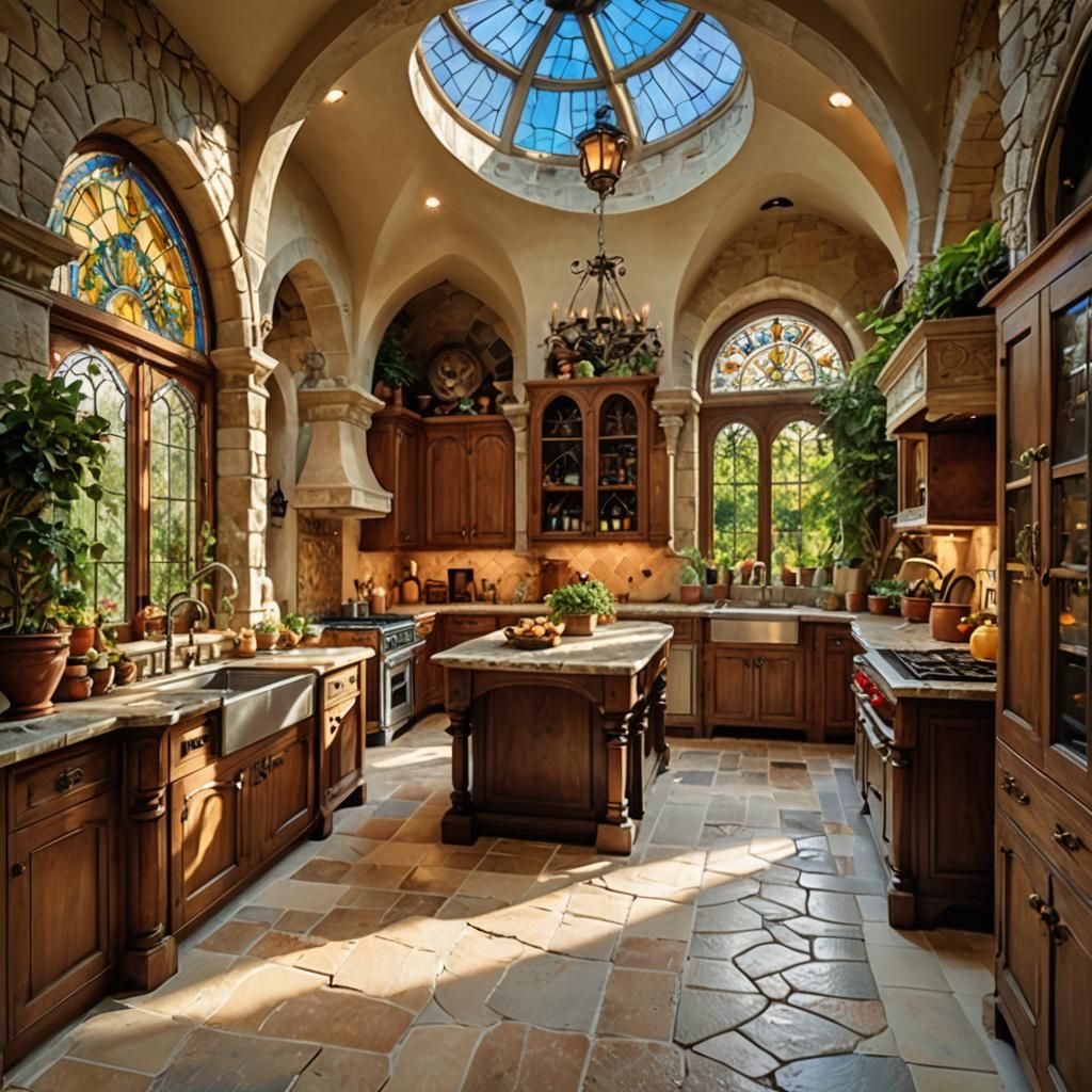 Luxurious Italian Renaissance Kitchen with Stone Arches