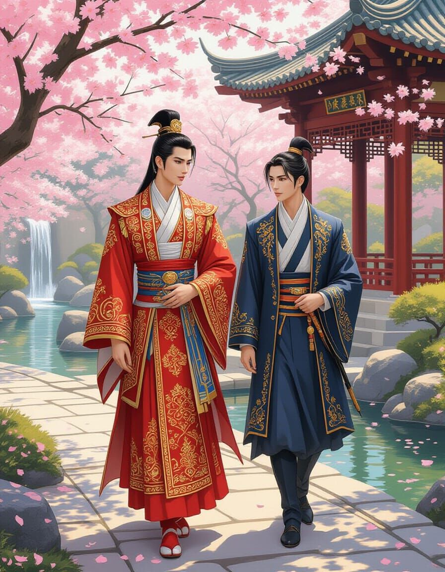 Regal Asian Prince in Palace Garden, Digital Art