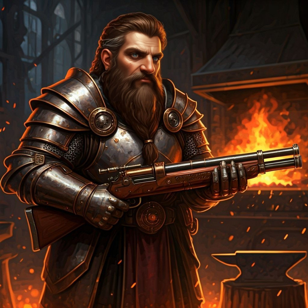 A dwarven atificer testing his steampunk railgun in the forge.