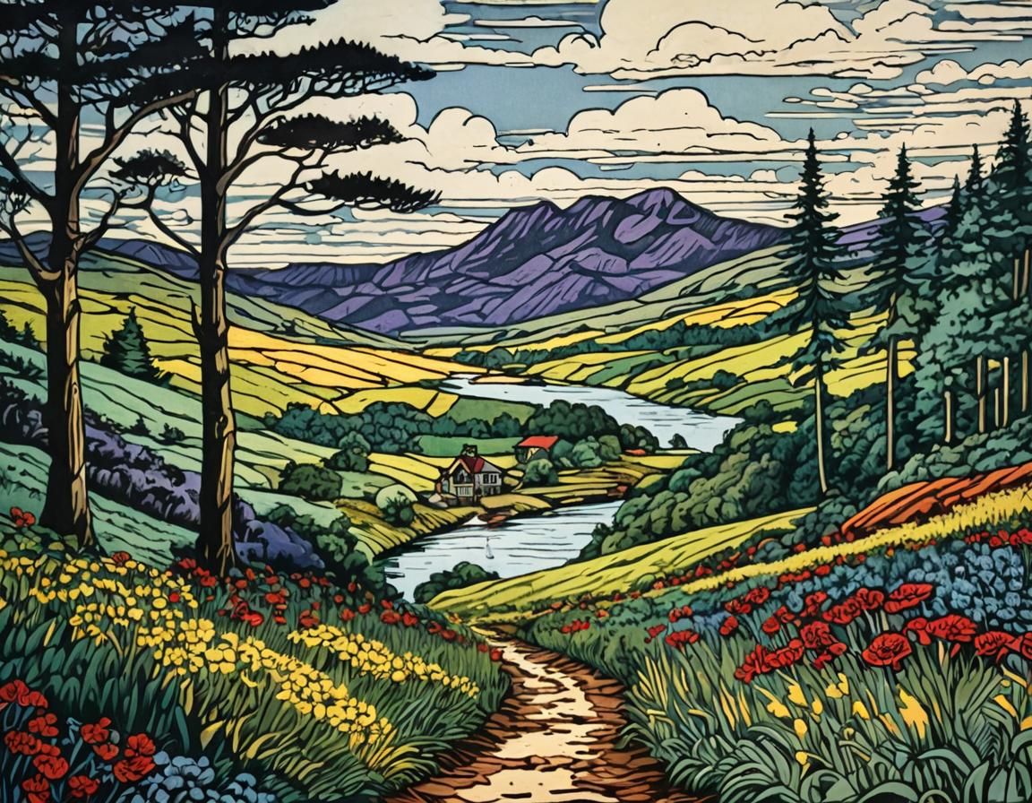 Hand-Colored Linocut Landscape in Gearhart Style
