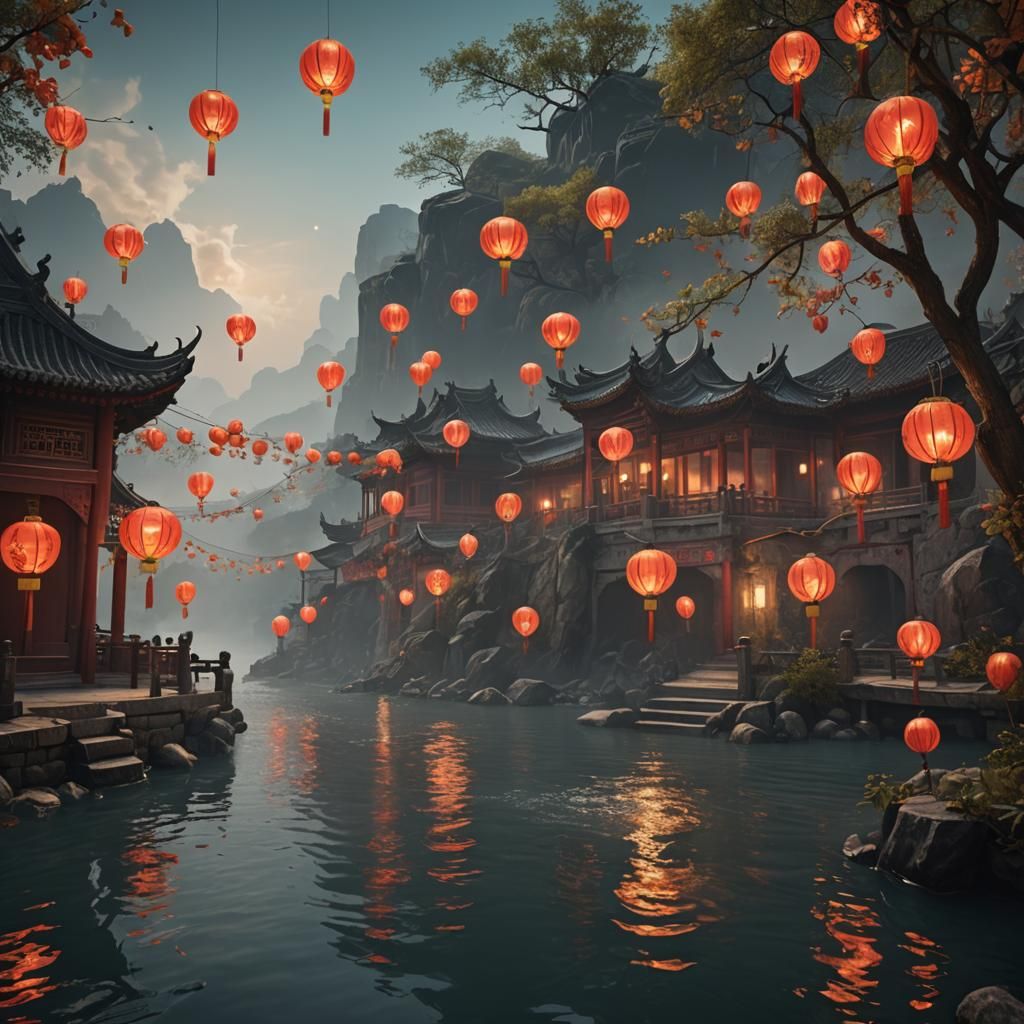 Chinese Lanterns on River: Fantasy Concept Art