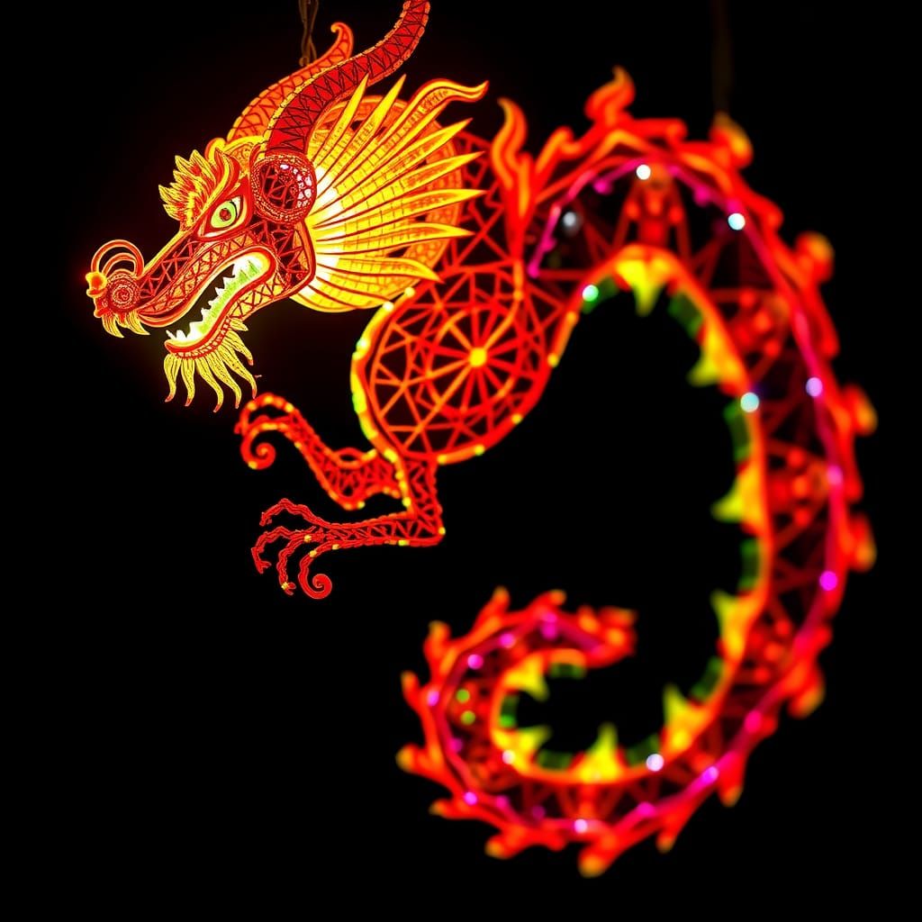 Luminous String Mandala Dragon on Dark Background