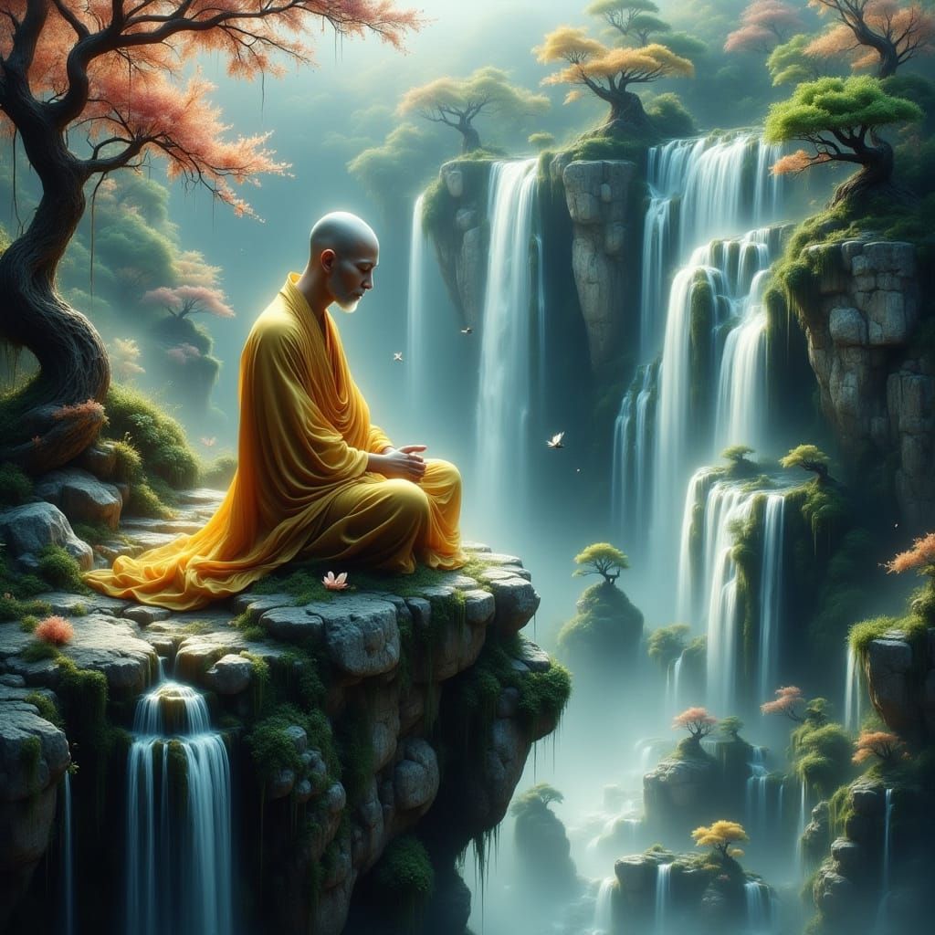 Wise Monk in Enchanted Steampunk Landscape with Towering Wat...