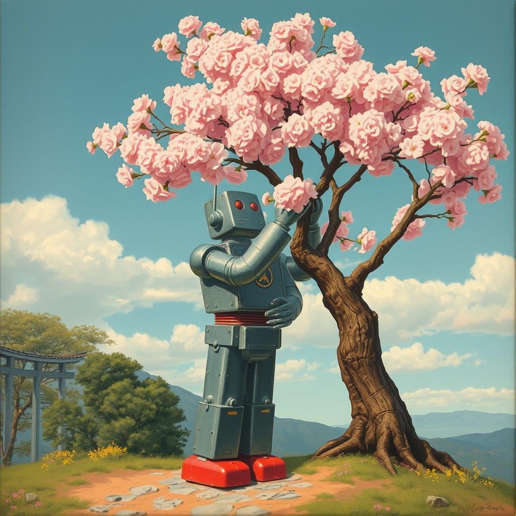 Retro Japanese Robot Hugs Sakura Tree in Maxfield Parrish St...