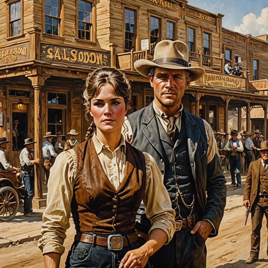 Butch Cassidy in front of the saloon with a saloon girl