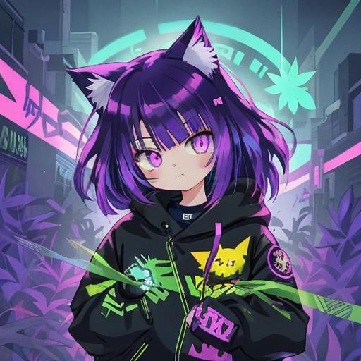 Anime Cat-Woman in Neon Cyberpunk Forest