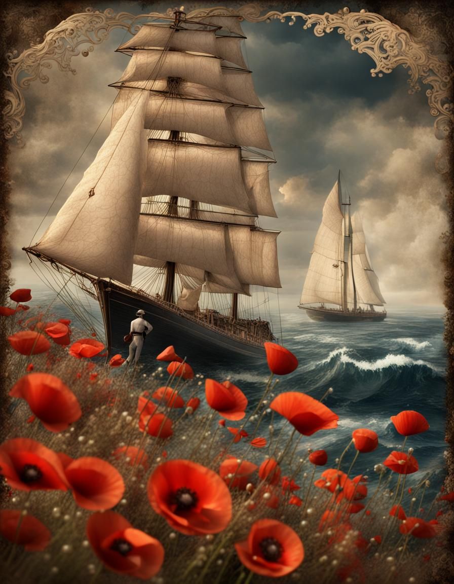 Vintage Sailing Scene with Sailor, Poppies and Pearls