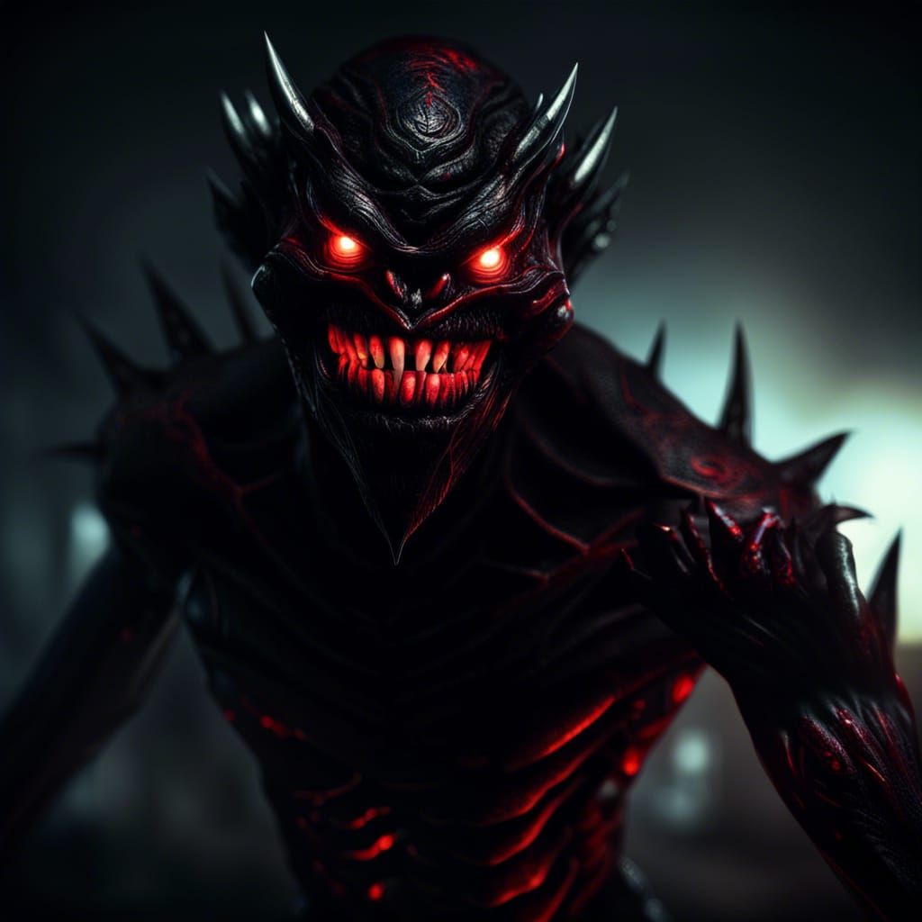 Surreal Humanoid Monster with Glowing Red Smile