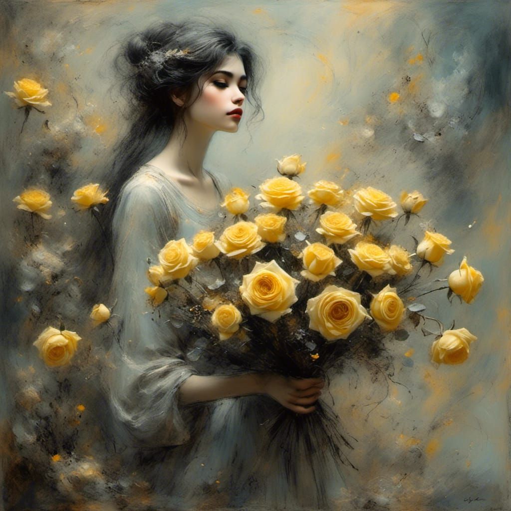 girl collecting a bouquet of yellow roses