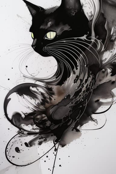Monochrome Cat Portrait in Flowing Ink Style