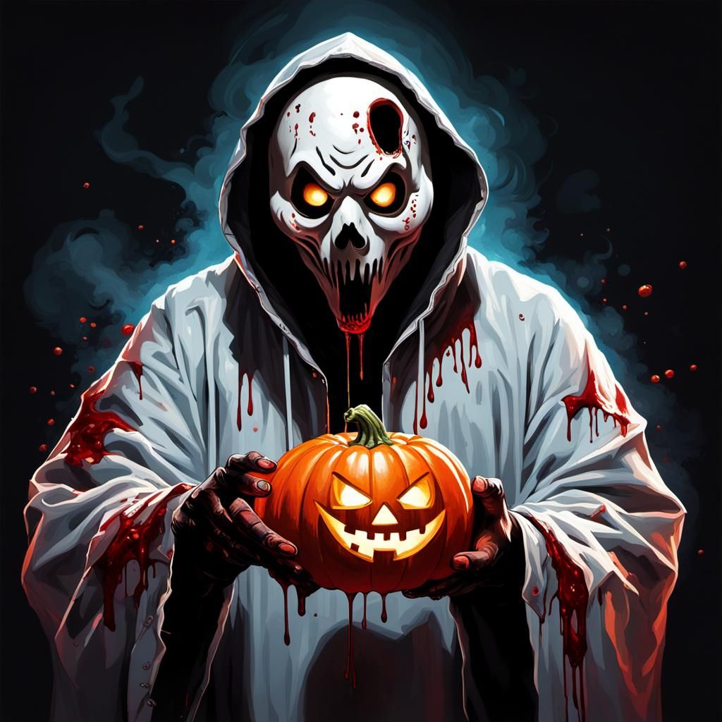 Ghostface with Jack-o'-Lantern in Hyperrealistic Style