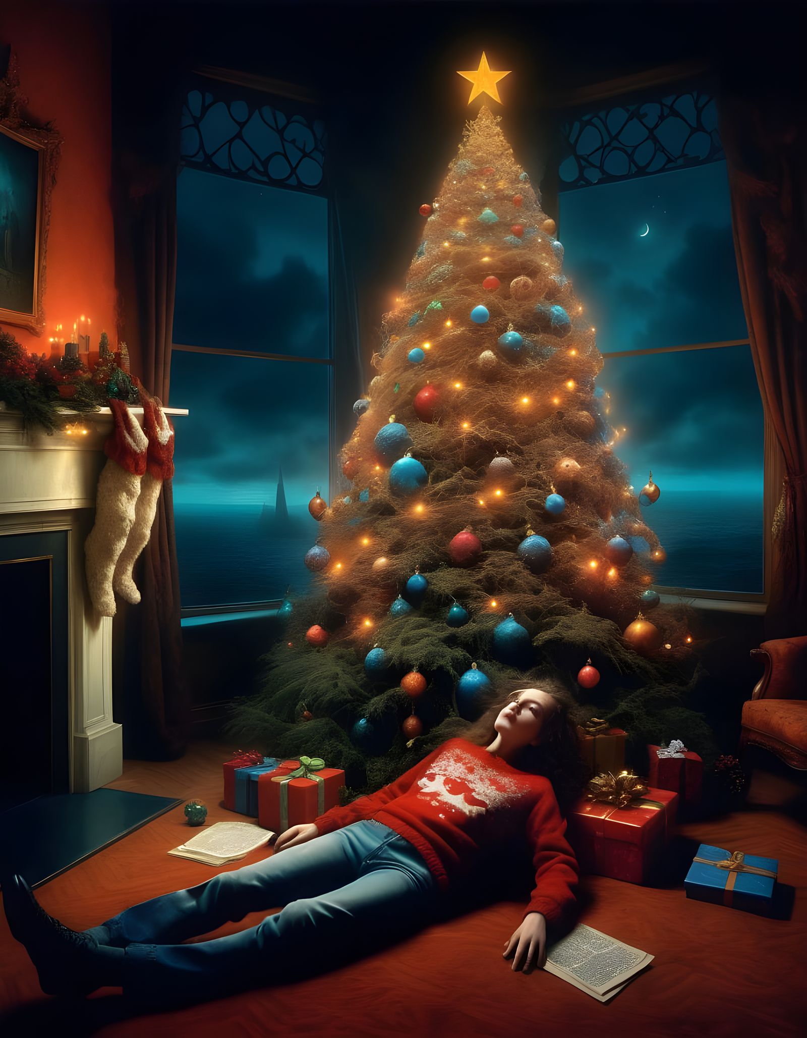 Morbid Christmas Scene with a Body at the Tree's Top