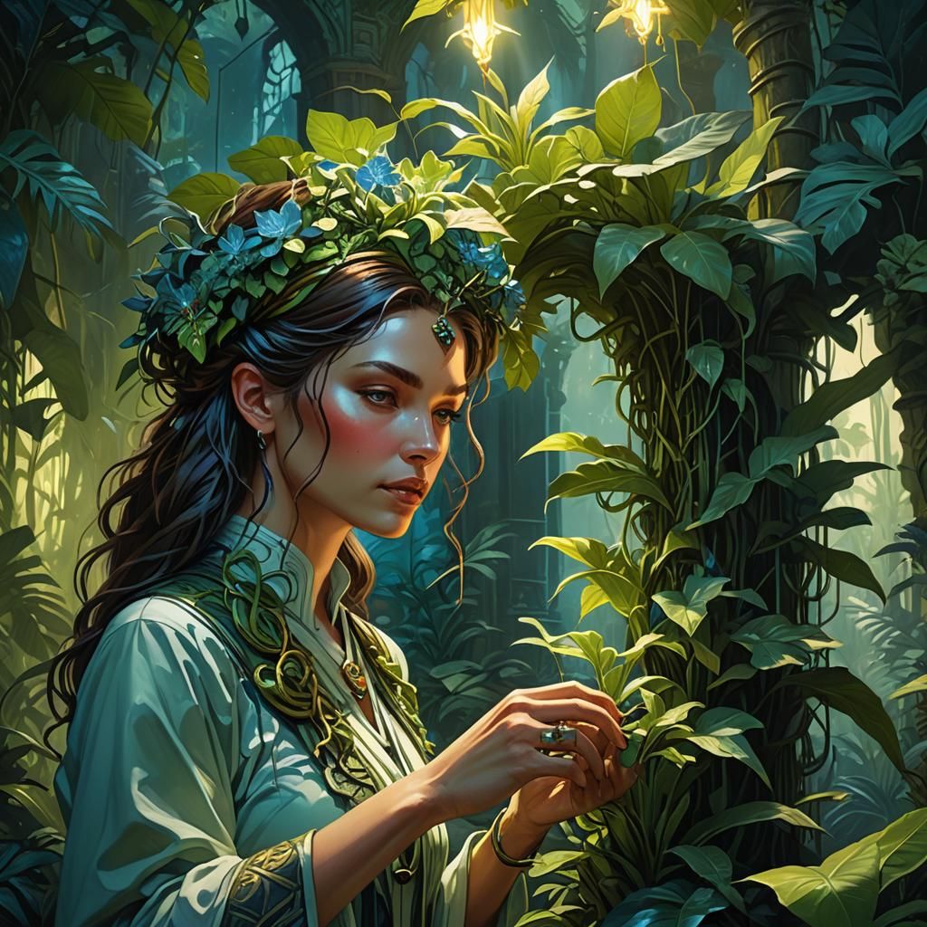 Botanist Picking Glowing Plant in Jungle Temple