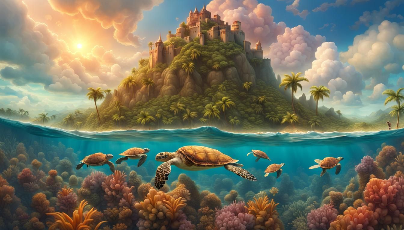 Tropical Island Volcano Castle in Hyperrealistic Fantasycore