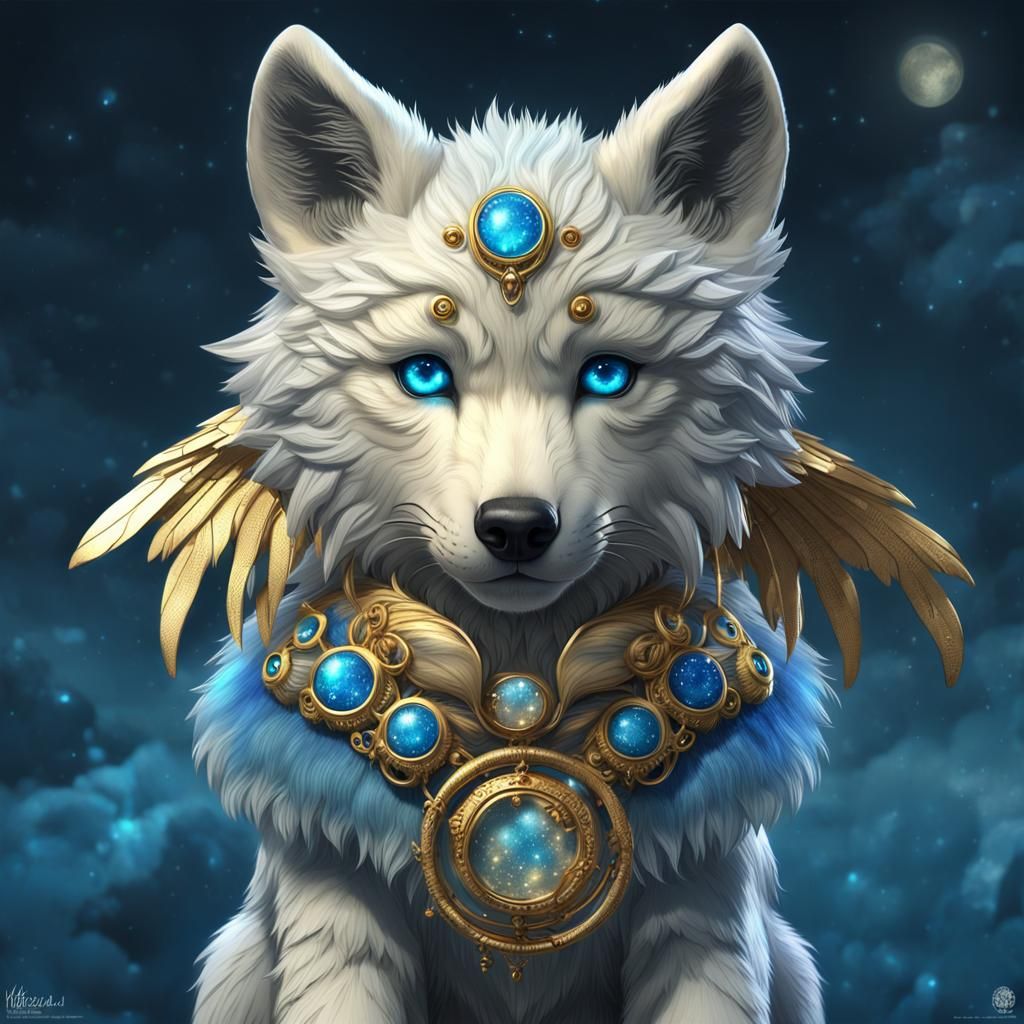 Fantasy Wolf Cub with Moon Fur and Wings