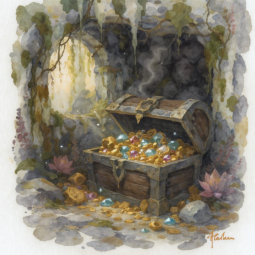 Treasure Chest in Mossy Ruins, Watercolor Style