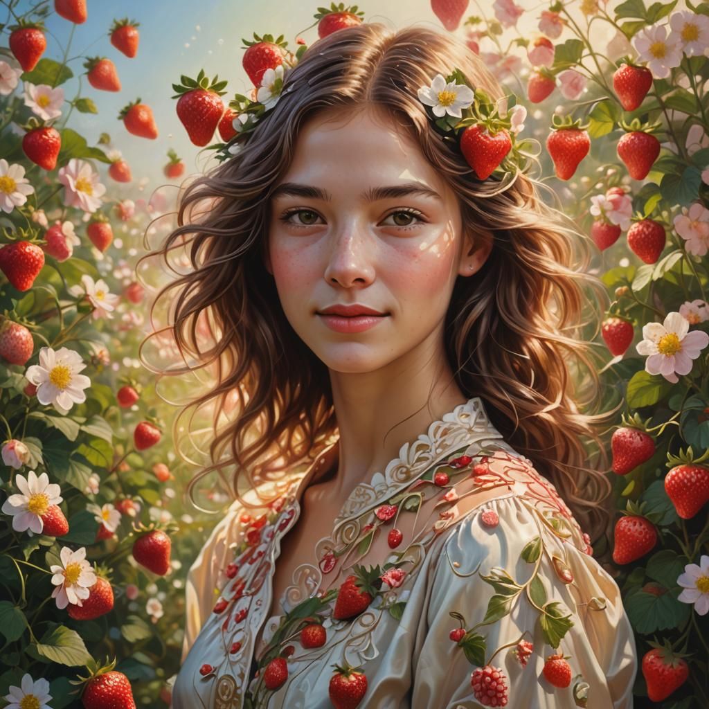 Strawberry Blossom Portrait in Oil Painting Style