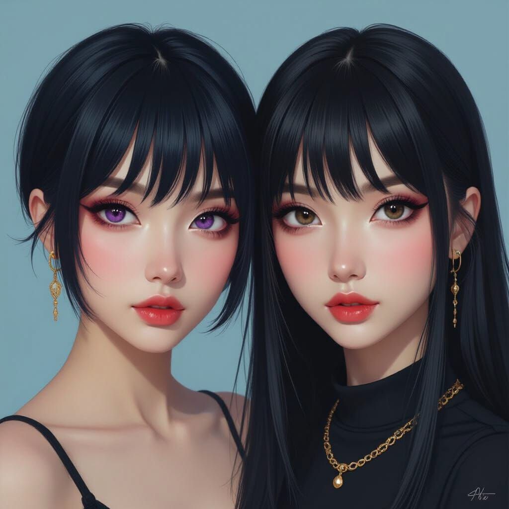 Twin Sisters Portrait in Detailed Fantasy Art Style