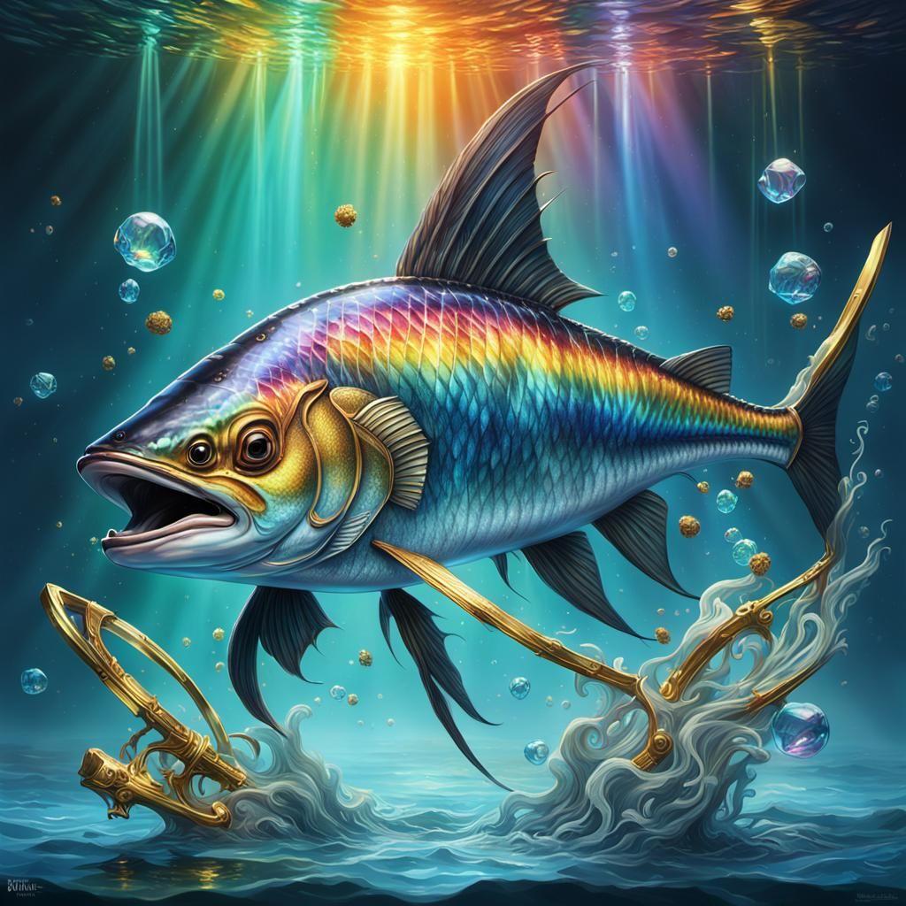 Rainbow Swordfish in Crystalline Water: Hyperrealistic Splas...