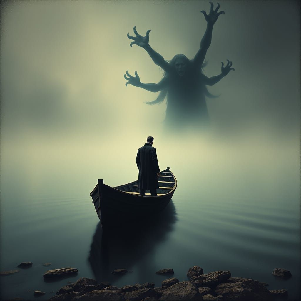 Eerie Lake: Man, Boat, and Looming Presence