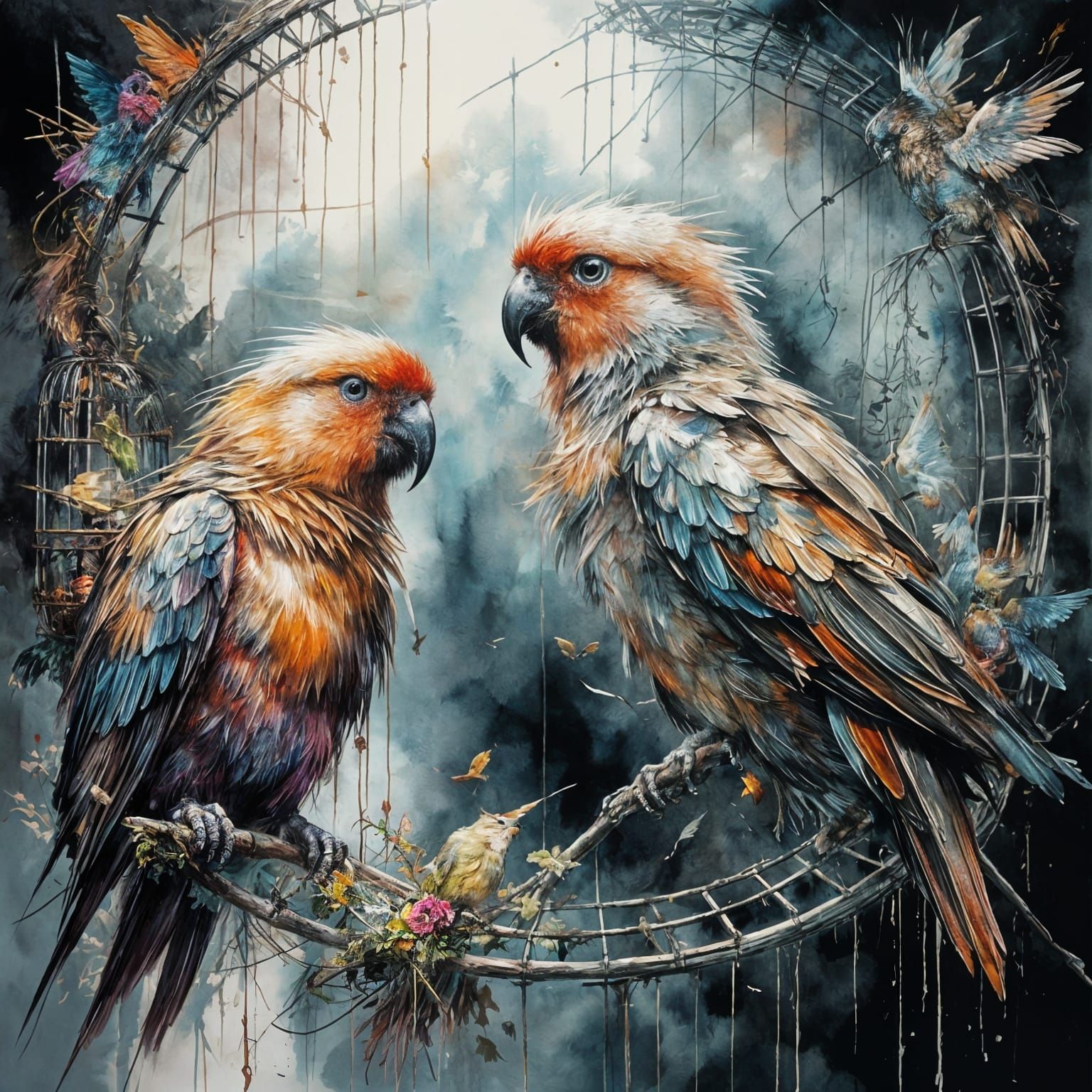 Isolated Lovebirds in a Rusted Cage with Free Birds Outside