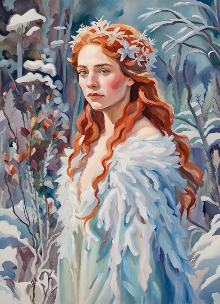 Ice Queen in Winter Garden: Gouache Watercolor Portrait