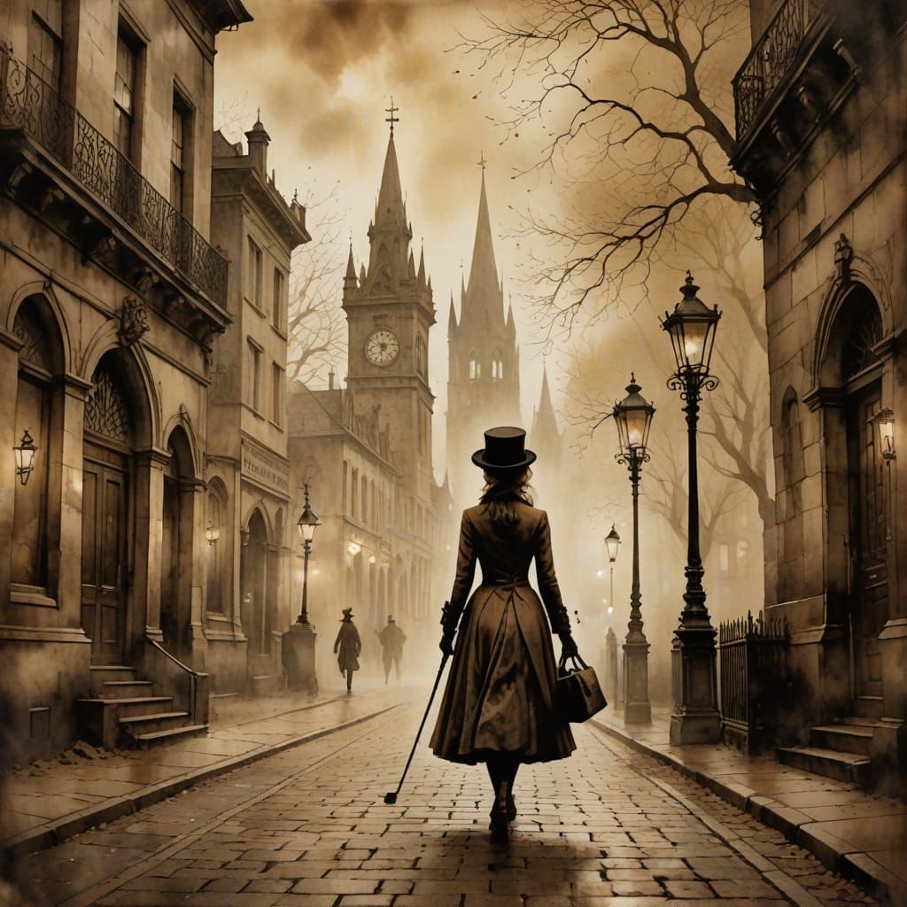 Vintage Sepia Street Scene in Watercolor Style