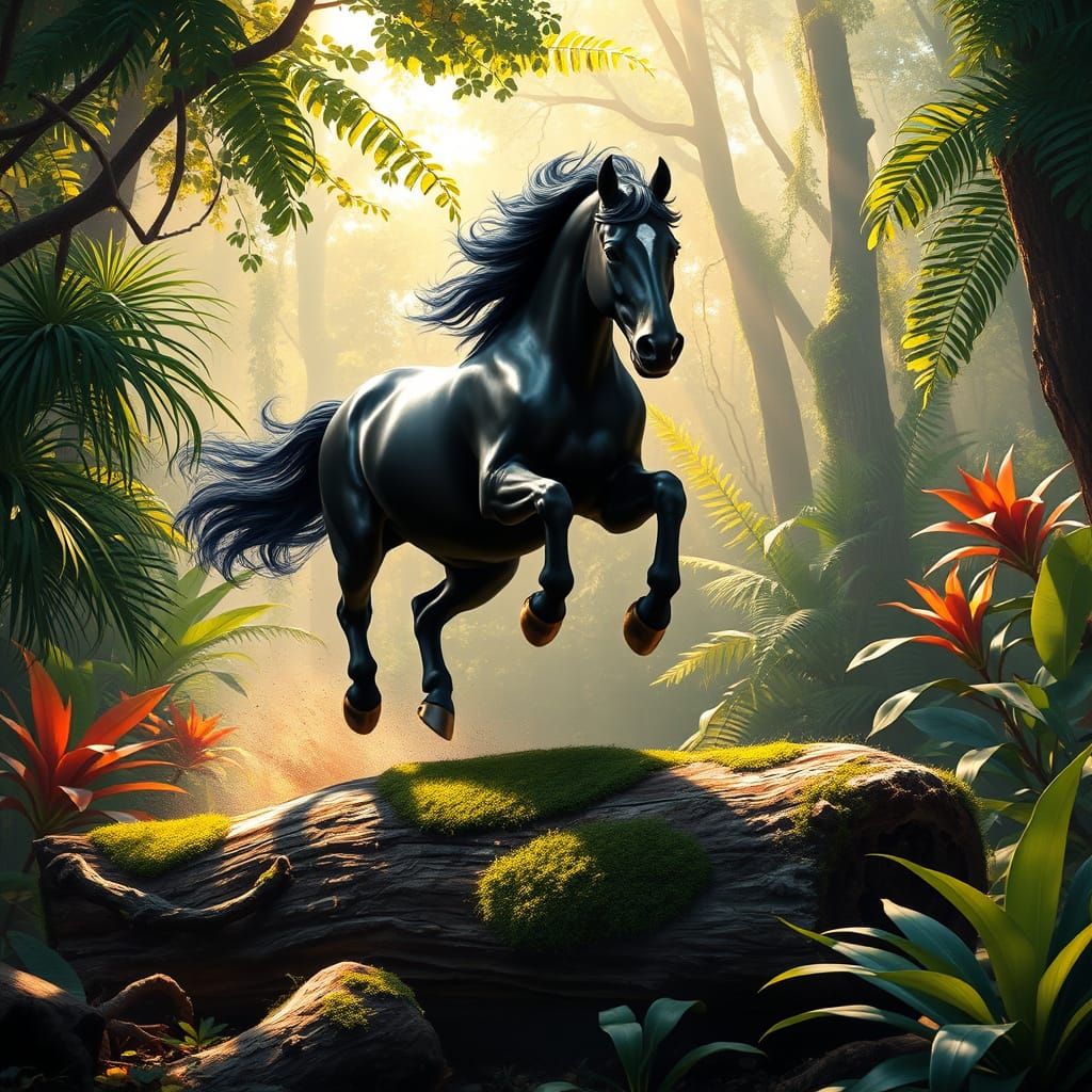 Majestic Arabian Horse Jumps Over a Jungle Log in a Realisti...