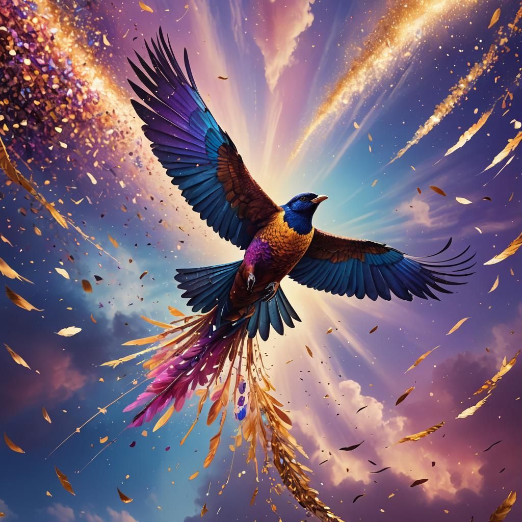 Bird in Flight with Sequins, Fantasy Digital Art