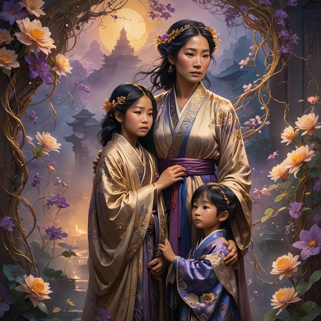 Mystical Portrait of Woman and Children in Fantasy Setting