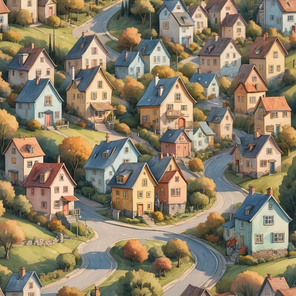 Charming Houses with Faces in Digital Watercolor