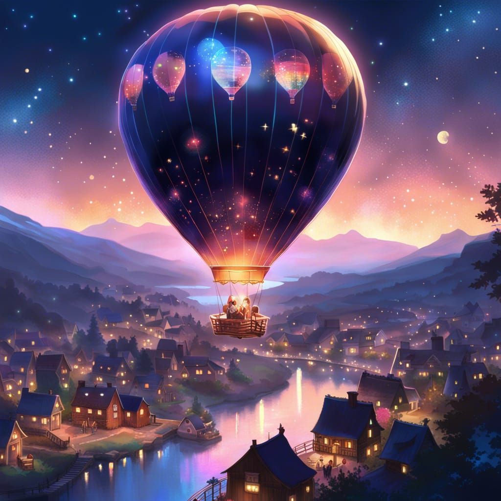 Glittering Hot Air Balloon Over Starry Night Village