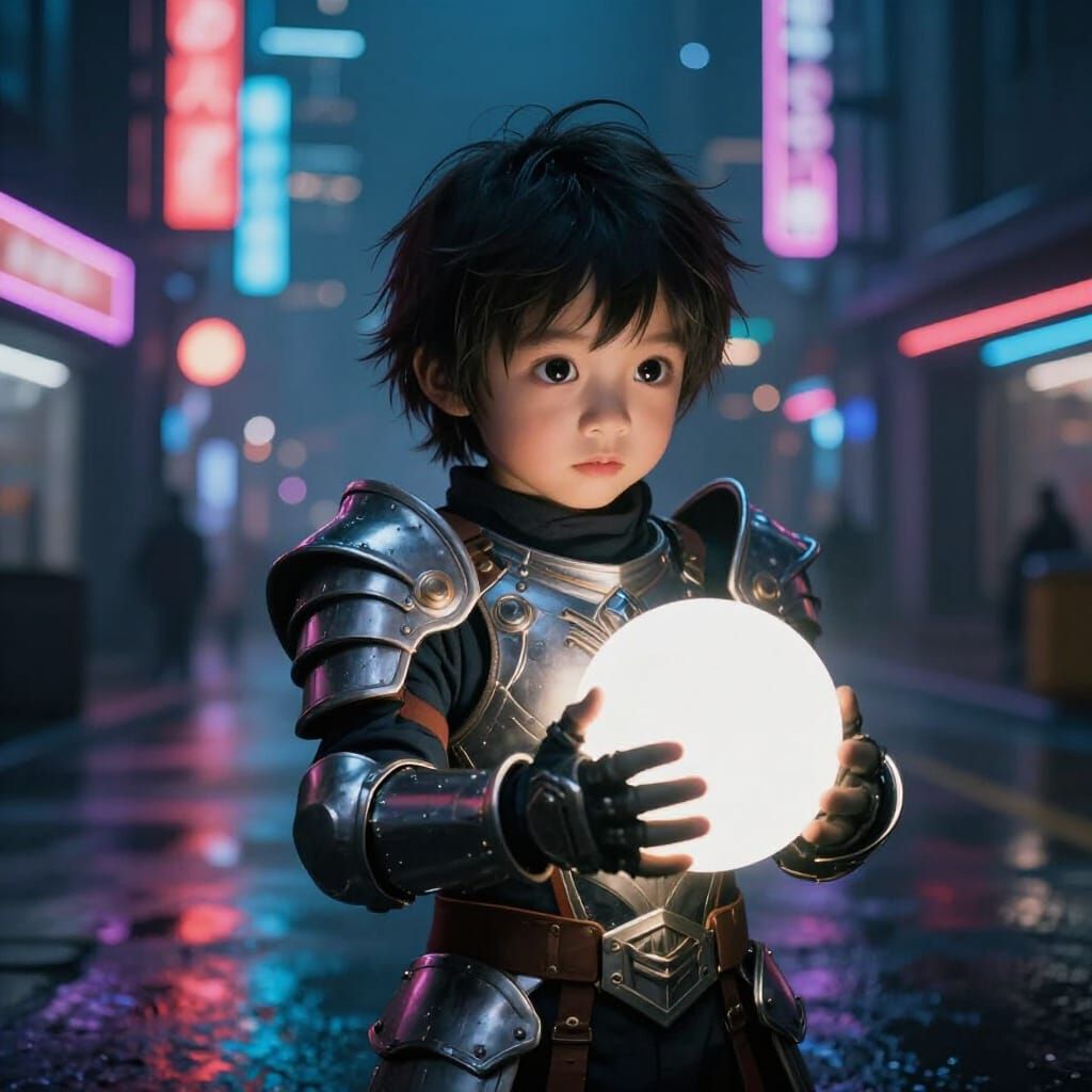 Child in Fantasy Armor Holds Glowing Orb in Neon Cityscape