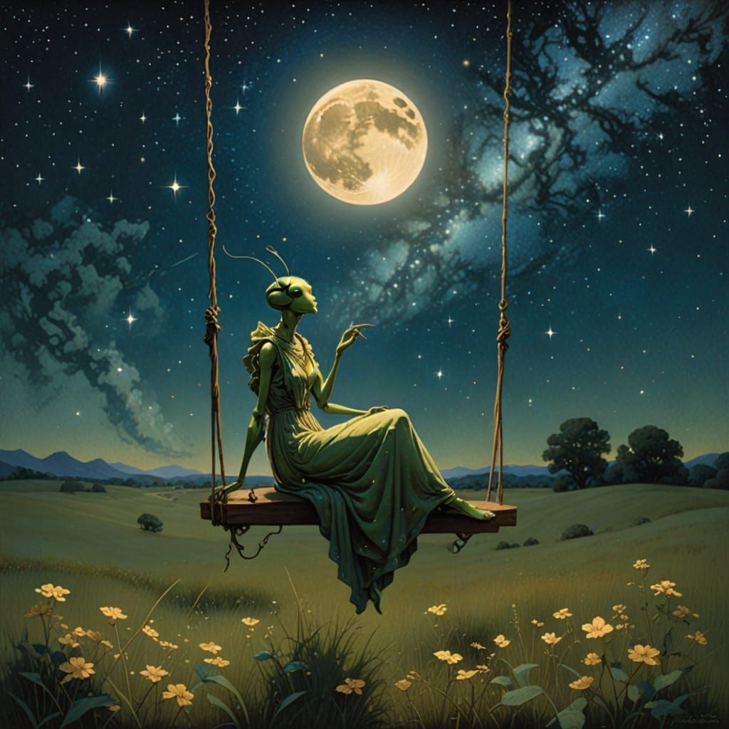 Maxfield Parrish Style Mantis in Flowing Gown Gazes at Starr...