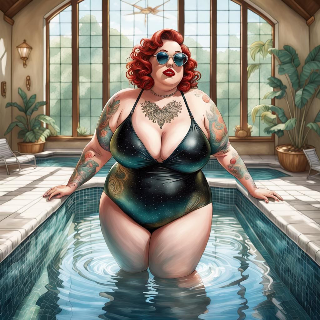 Joyful Goth Woman in Pool, Comic Book Art