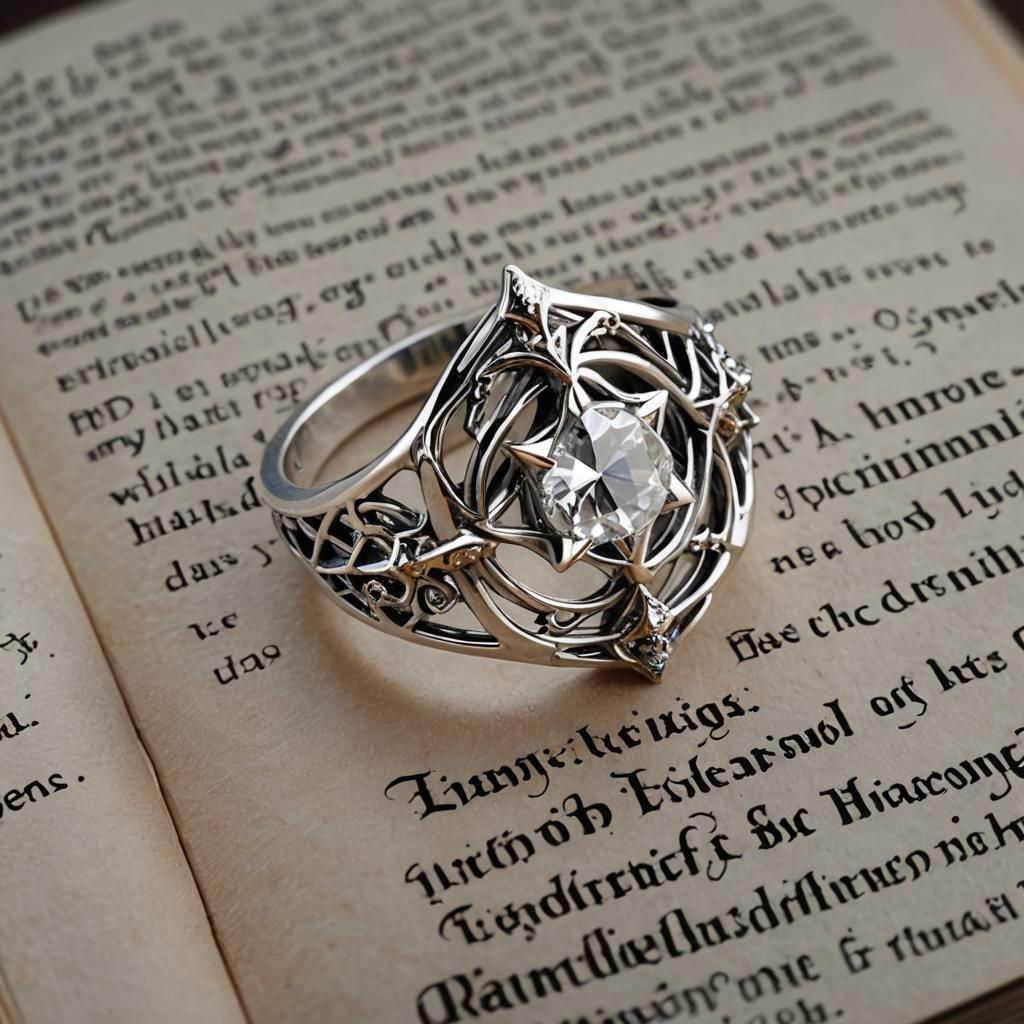 Macro Photo of Galadriel's Ring on Elvish Book