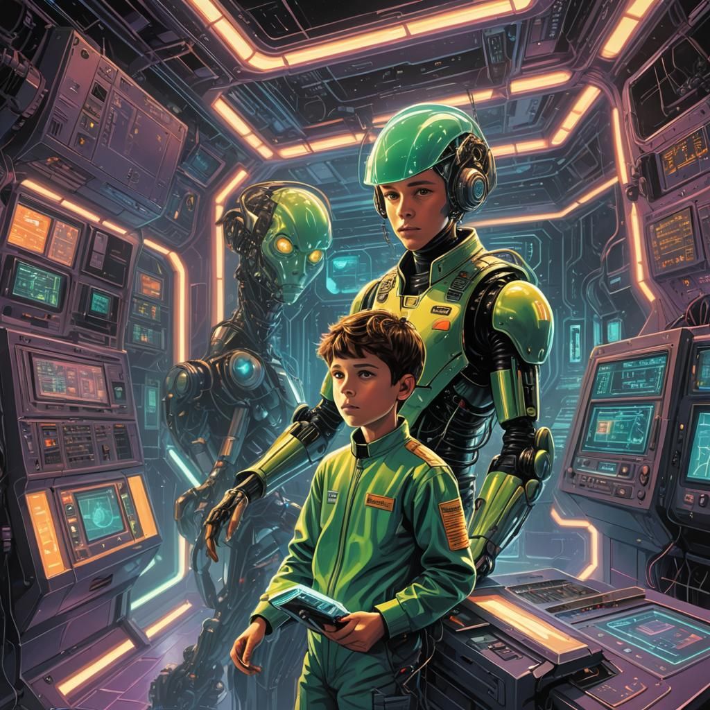 Boy and Robot in Spaceship: Sci-Fi Illustration