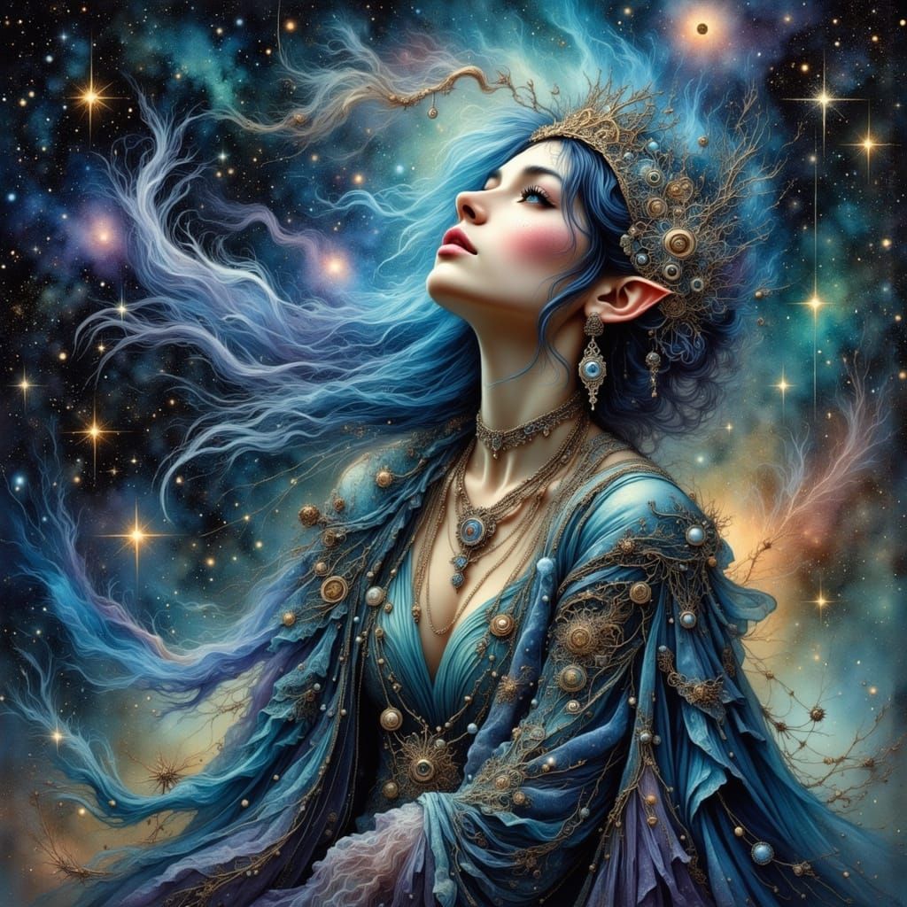 Elven Woman Gazing at Nebula as Digital Art
