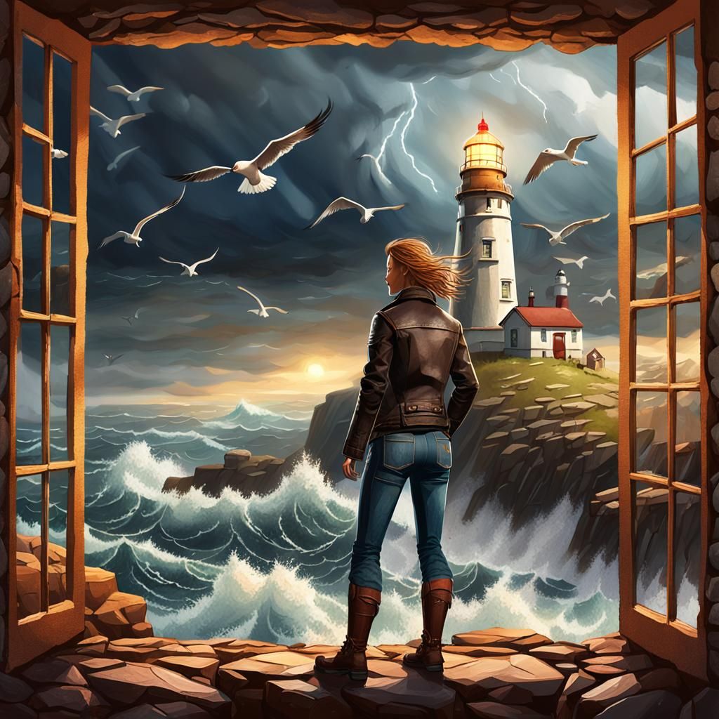 Lighthouse Keeper in Stormy Seas: Digital Concept Art