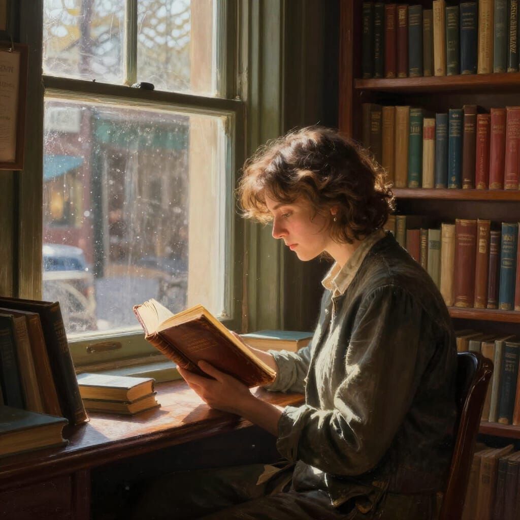 Cozy Bookstore Scene with Sunlight and Reading Figure