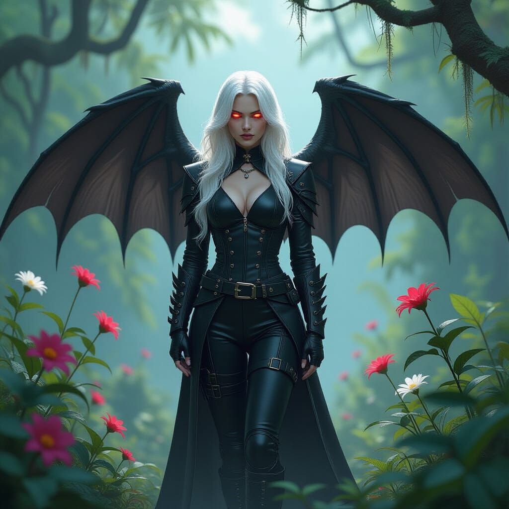 Ethereal Woman with Bat Wings in Jungle Clearing