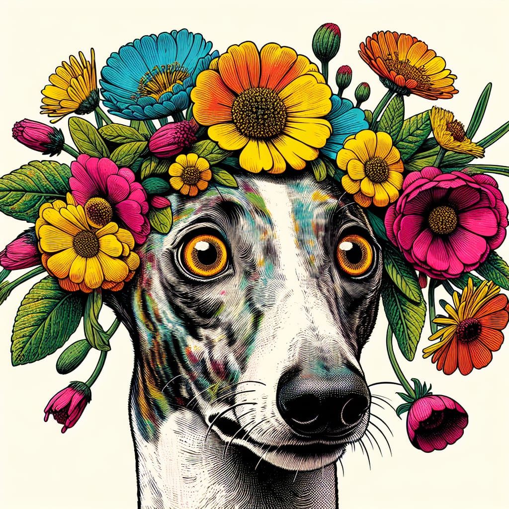 Shocked Whippet with Flowers: Vibrant Screen Print