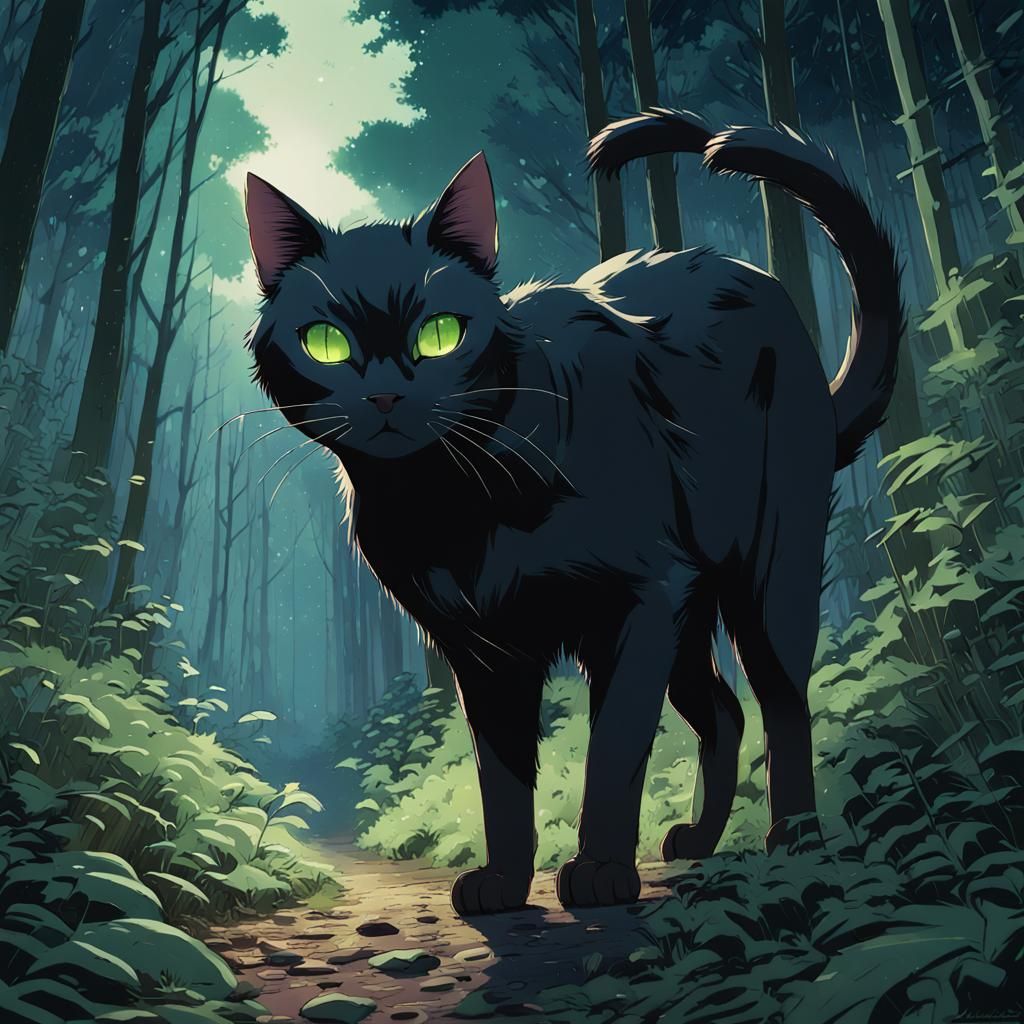 Black Cat Stalking in Forest: Anime Style
