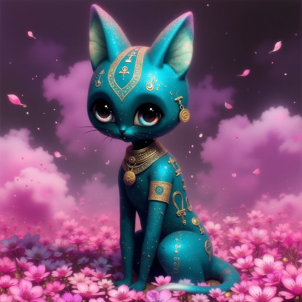 Regal Turquoise-Blue Cat Goddess in Dreamlike Egyptian Lands...